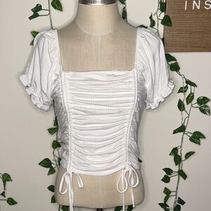 Grave Fame White Puff Sleeve Square Neck Ruched Tie Front Short Sleeve Top NWT